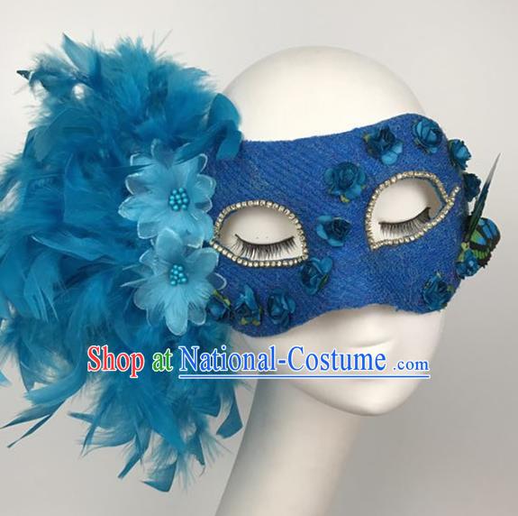 Top Halloween Accessories Brazilian Carnival Catwalks Blue Feather Face Masks for Women