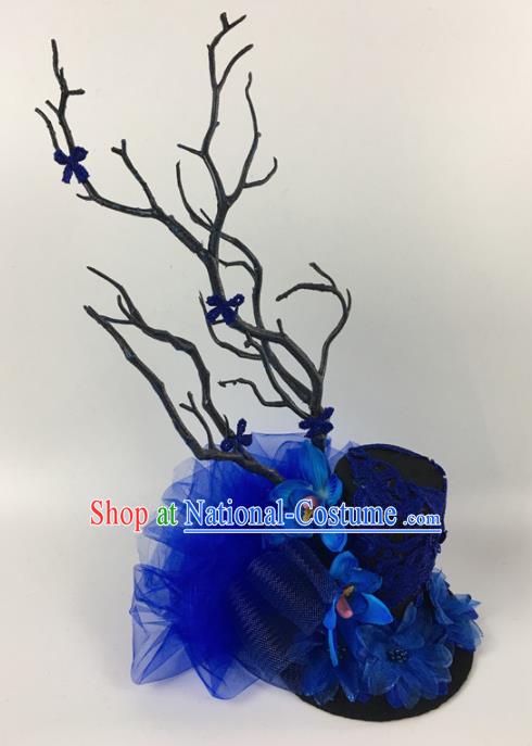 Top Halloween Catwalks Hair Accessories Stage Show Blue Veil Top Hat Headdress for Women