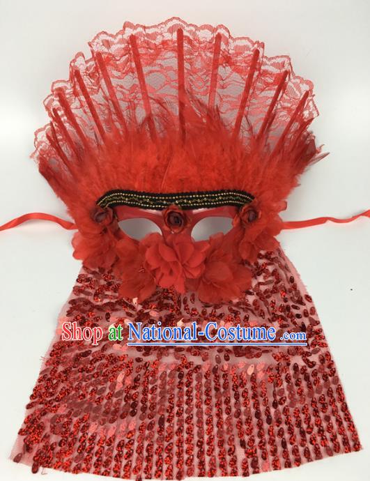 Top Halloween Accessories Brazilian Carnival Catwalks Red Lace Feather Face Masks for Women