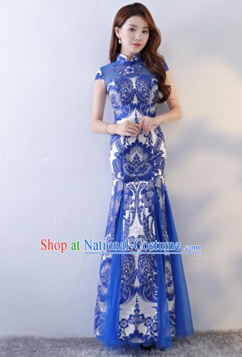 Chinese Traditional Qipao Dress Classical Costume Blue Veil Cheongsam for Women