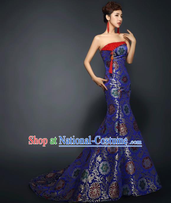 Chinese Traditional Qipao Dress Classical Costume Royalblue Satin Trailing Full Dress for Women