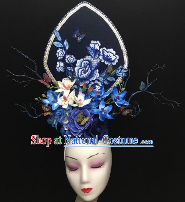 Chinese Stage Show Embroidered Peony Blue Hair Accessories Traditional Catwalks Palace Headdress for Women