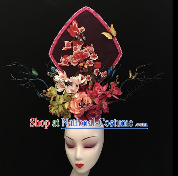 Chinese Stage Show Embroidered Peony Red Hair Accessories Traditional Catwalks Palace Headdress for Women