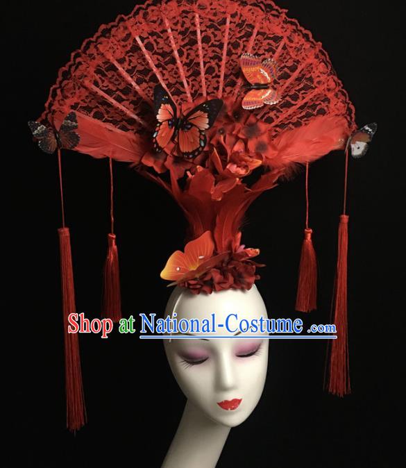 Chinese Stage Show Red Lace Hair Accessories Traditional Catwalks Palace Headdress for Women