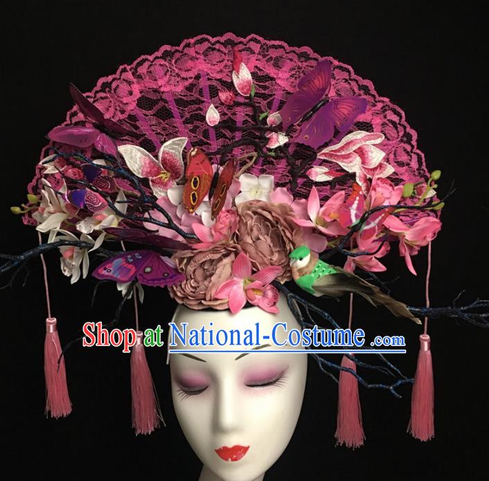 Chinese Stage Show Rosy Lace Magnolia Hair Accessories Traditional Catwalks Palace Headdress for Women