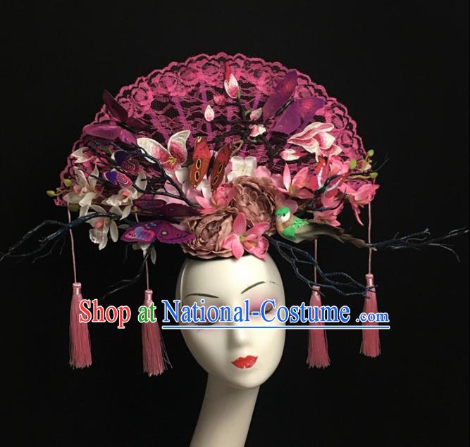 Chinese Stage Show Rosy Lace Magnolia Hair Accessories Traditional Catwalks Palace Headdress for Women