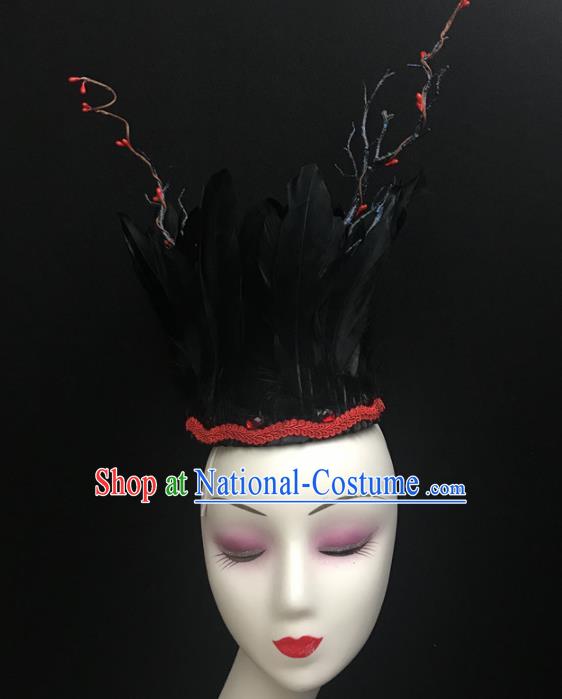 Top Brazilian Carnival Stage Show Headpiece Royal Crown Halloween Catwalks Black Feather Hair Accessories for Women