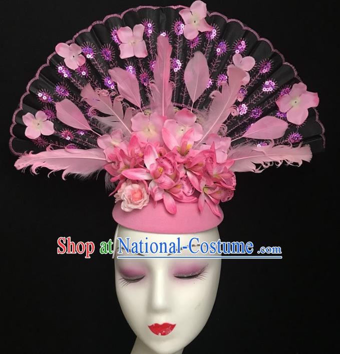 Chinese Stage Show Pink Feather Hair Accessories Traditional Catwalks Palace Headdress for Women