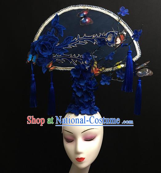 Chinese Stage Show Royalblue Peony Hair Accessories Traditional Catwalks Palace Headdress for Women