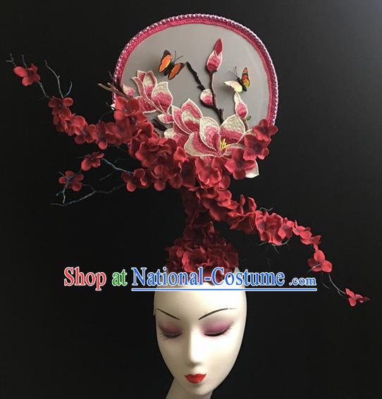 Chinese Stage Show Red Flowers Hair Accessories Traditional Catwalks Palace Headdress for Women