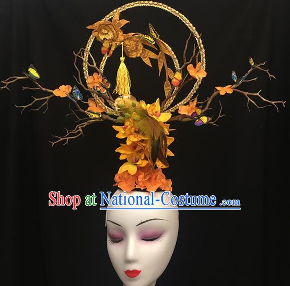 Chinese Stage Show Embroidered Yellow Hair Accessories Traditional Catwalks Palace Headdress for Women