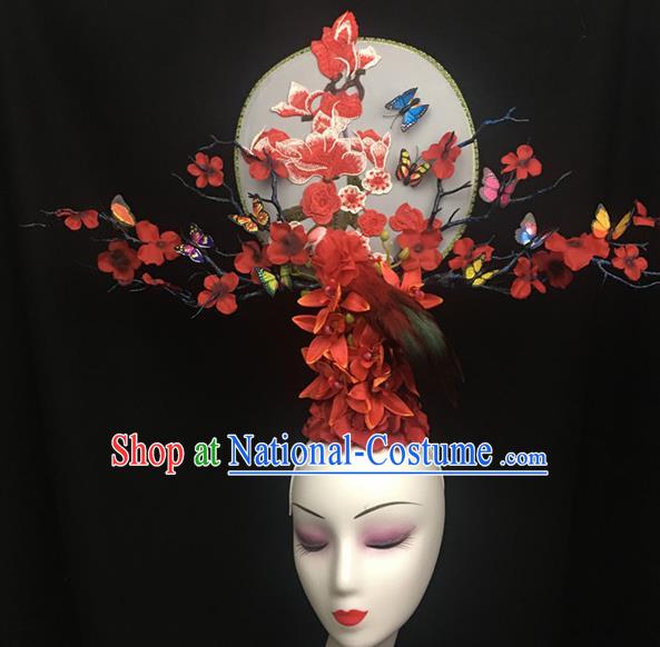 Chinese Stage Show Embroidered Red Hair Accessories Traditional Catwalks Palace Headdress for Women