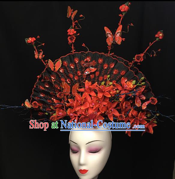 Chinese Stage Show Red Flowers Fan Hair Accessories Traditional Catwalks Palace Headdress for Women