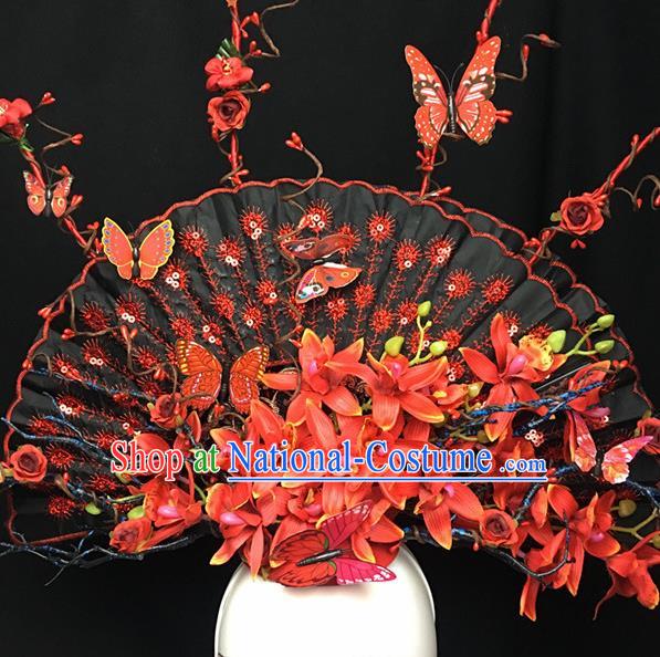 Chinese Stage Show Red Flowers Fan Hair Accessories Traditional Catwalks Palace Headdress for Women