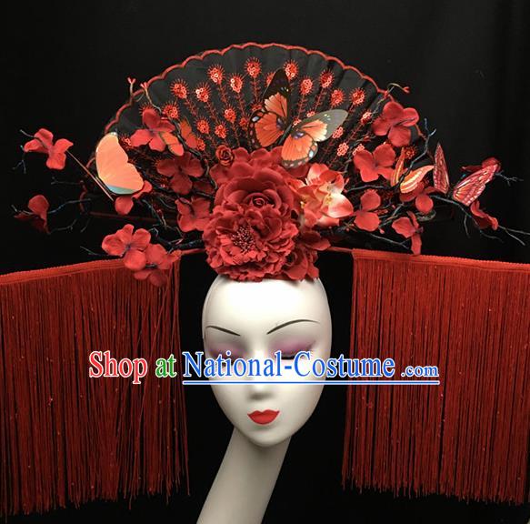 Chinese Stage Show Red Peony Tassel Hair Accessories Traditional Catwalks Palace Headdress for Women