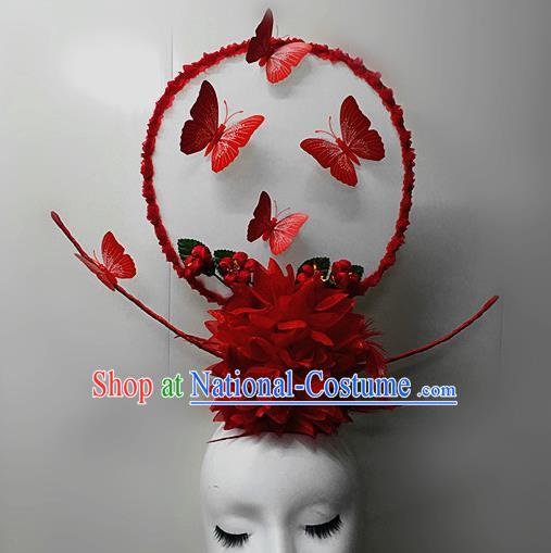 Chinese Stage Show Red Butterfly Hair Accessories Traditional Catwalks Palace Headdress for Women