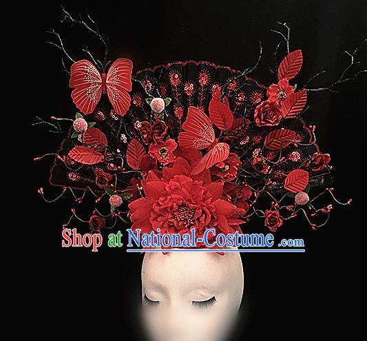 Chinese Stage Show Red Butterfly Peony Hair Accessories Traditional Catwalks Palace Headdress for Women