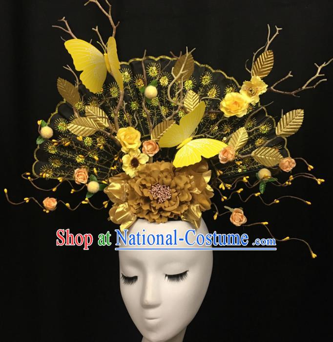 Chinese Stage Show Yellow Butterfly Peony Hair Accessories Traditional Catwalks Palace Headdress for Women