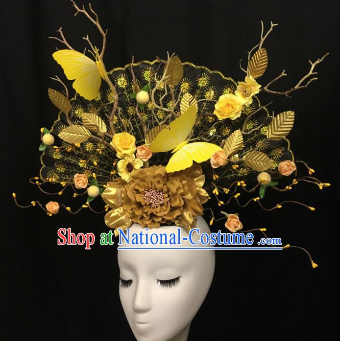 Chinese Stage Show Yellow Butterfly Peony Hair Accessories Traditional Catwalks Palace Headdress for Women