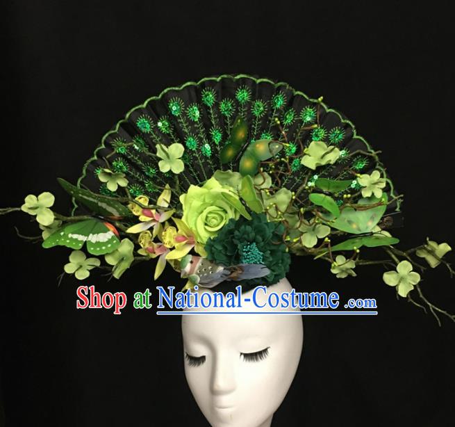 Chinese Stage Show Green Butterfly Peony Hair Accessories Traditional Catwalks Palace Headdress for Women