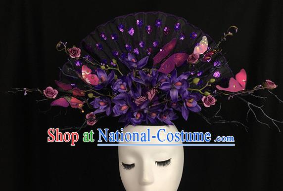 Chinese Stage Show Purple Flowers Hair Accessories Traditional Catwalks Palace Headdress for Women