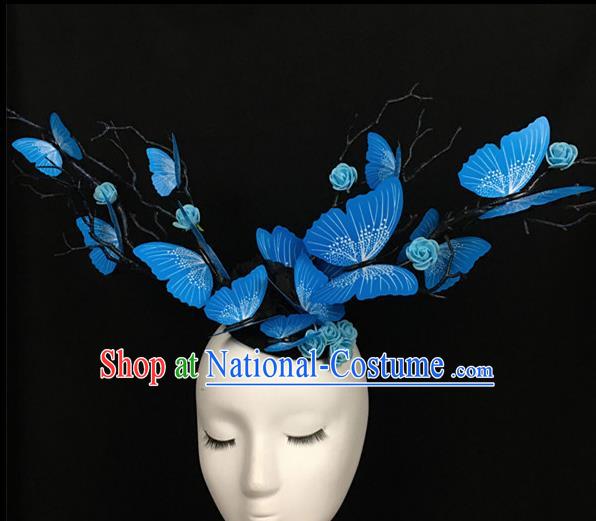 Top Brazilian Carnival Stage Show Headpiece Halloween Catwalks Blue Butterfly Hair Accessories for Women