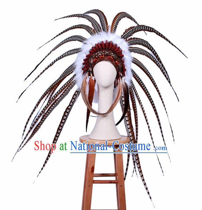 Top Halloween Apache Knight Long Feather Hat Hair Accessories Catwalks Primitive Tribe Hair Clasp for Men