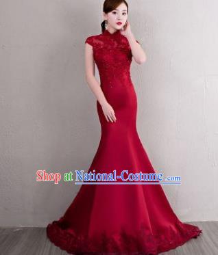 Chinese Traditional Elegant Qipao Dress Classical Costume Wine Red Lace Mermaid Cheongsam for Women