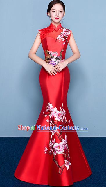 Chinese Traditional Elegant Magnolia Qipao Dress Classical Costume Red Cheongsam for Women