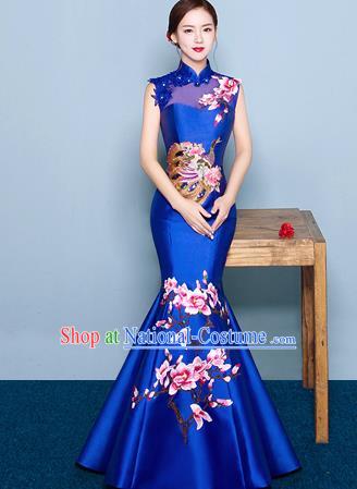 Chinese Traditional Elegant Magnolia Qipao Dress Classical Costume Royalblue Cheongsam for Women