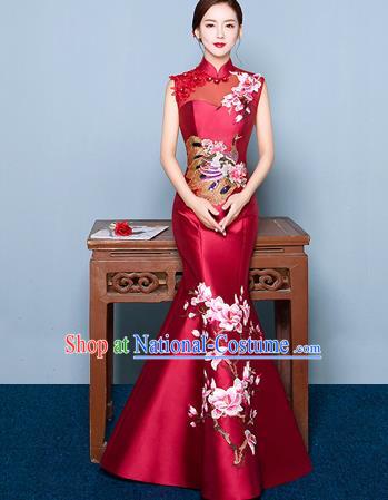 Chinese Traditional Elegant Magnolia Qipao Dress Classical Costume Wine Red Cheongsam for Women