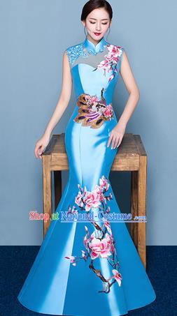 Chinese Traditional Elegant Magnolia Qipao Dress Classical Costume Blue Cheongsam for Women