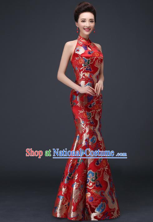 Chinese Traditional Elegant Red Qipao Dress Classical Costume Dragons Cheongsam for Women