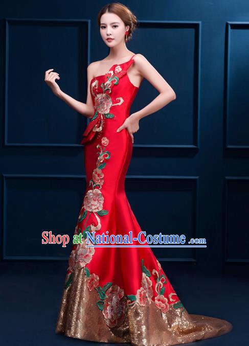 Chinese Traditional Elegant Trailing Qipao Dress Classical Costume Red Cheongsam for Women