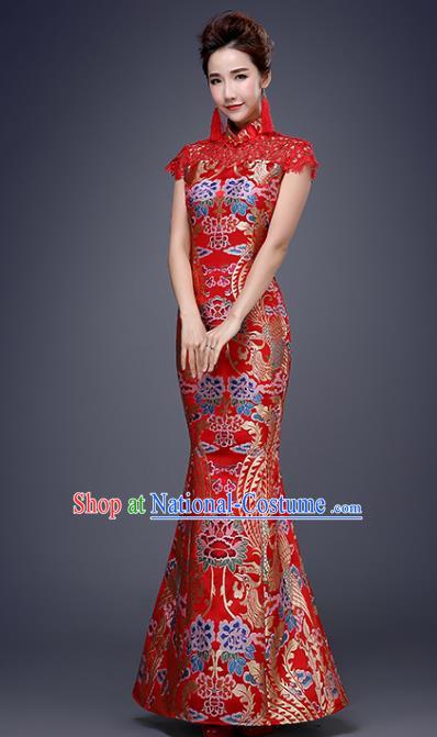 Chinese Traditional Wedding Red Qipao Dress Classical Costume Elegant Cheongsam for Women