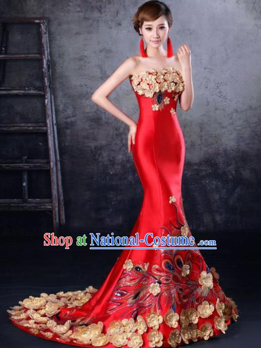 Chinese Traditional Wedding Trailing Full Dress Classical Costume Elegant Red Cheongsam for Women