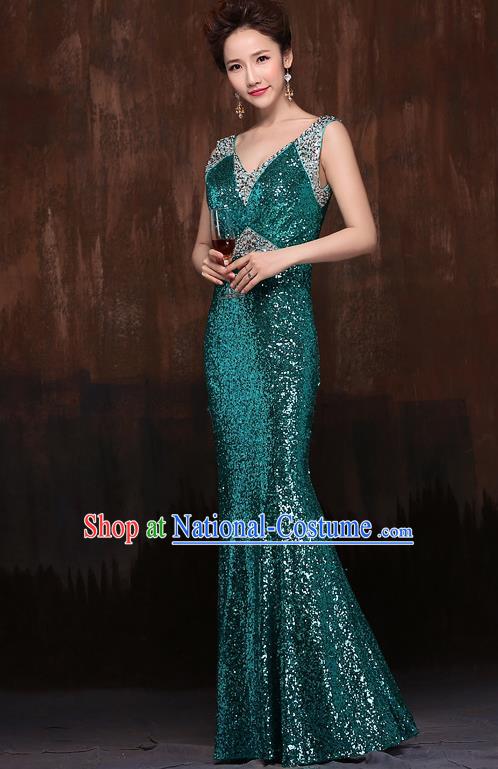 Top Stage Show Chorus Costumes Catwalks Compere Green Paillette Full Dress for Women