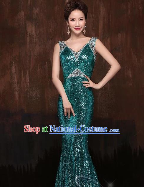 Top Stage Show Chorus Costumes Catwalks Compere Green Paillette Full Dress for Women