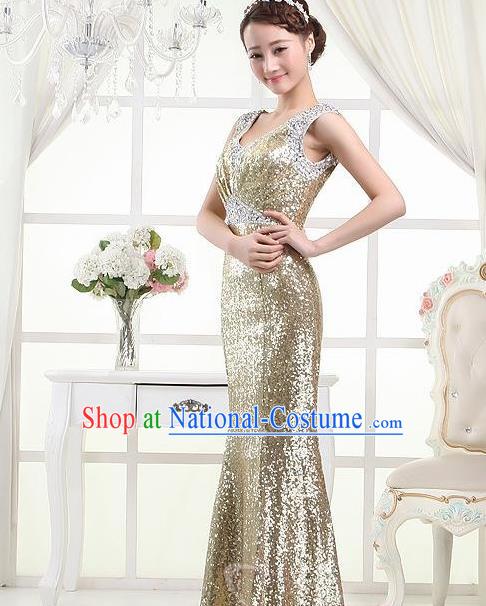 Top Stage Show Chorus Costumes Catwalks Compere Light Golden Paillette Full Dress for Women