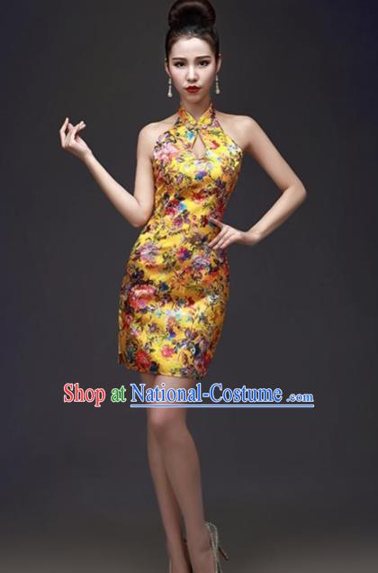 Chinese Traditional Yellow Short Qipao Dress Classical Costume Elegant Cheongsam for Women