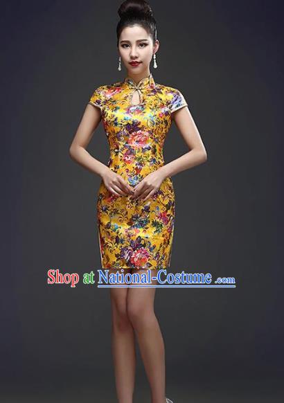 Chinese Traditional Qipao Dress Classical Costume Elegant Yellow Short Cheongsam for Women