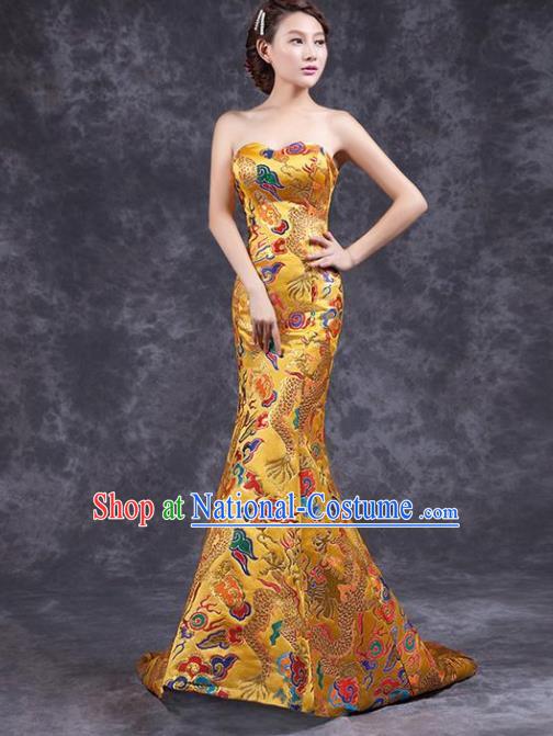 Chinese Traditional Costume Classical Qipao Dress Elegant Embroidered Dragon Golden Cheongsam for Women