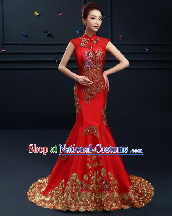 Chinese Traditional Elegant Wedding Qipao Dress Classical Costume Red Mermaid Cheongsam for Women