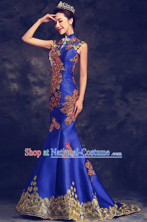 Chinese Traditional Elegant Wedding Qipao Dress Classical Costume Royalblue Mermaid Cheongsam for Women