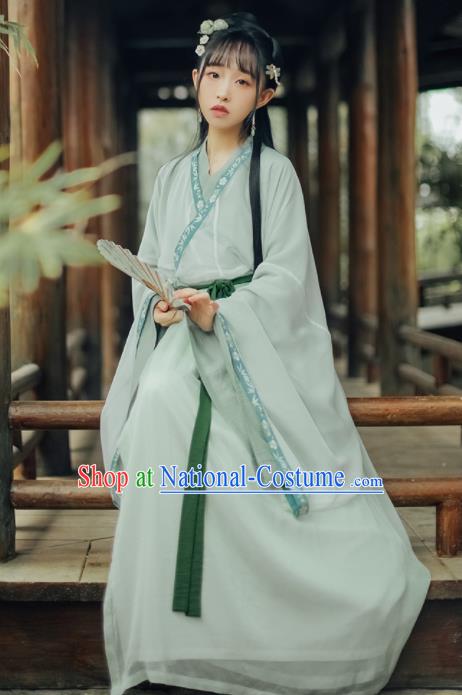 Chinese Jin Dynasty Swordswoman Green Hanfu Dress Ancient Peri Costumes Complete Set