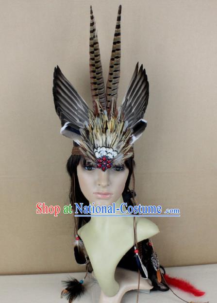 Top Halloween Apache Knight Black Feather Headpiece Carnival Catwalks Primitive Tribe Headwear