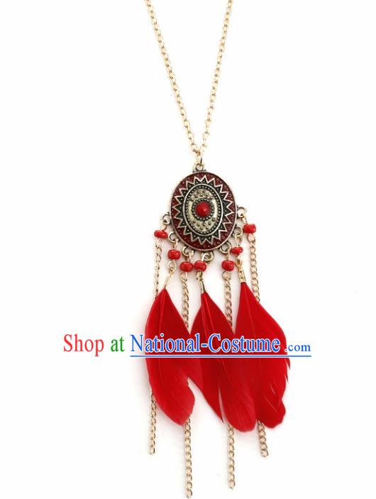 Handmade Bohemian Red Feather Necklace Stage Show Dance Necklet Accessories for Women