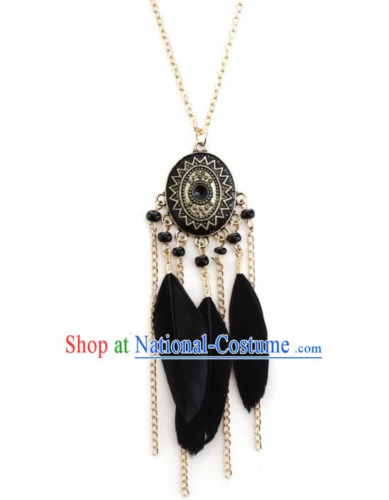 Handmade Bohemian Black Feather Necklace Stage Show Dance Necklet Accessories for Women