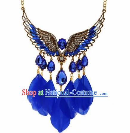 Handmade Baroque Royalblue Feather Necklace Stage Show Dance Necklet Accessories for Women