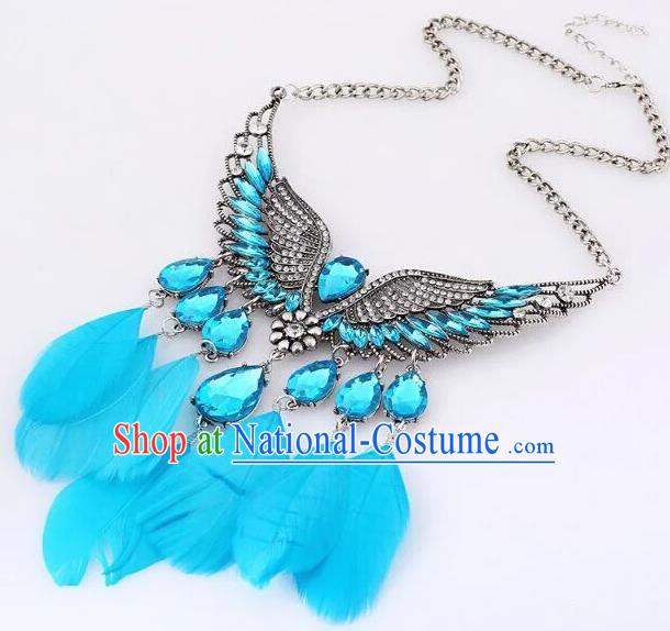 Handmade Baroque Blue Feather Necklace Stage Show Dance Necklet Accessories for Women